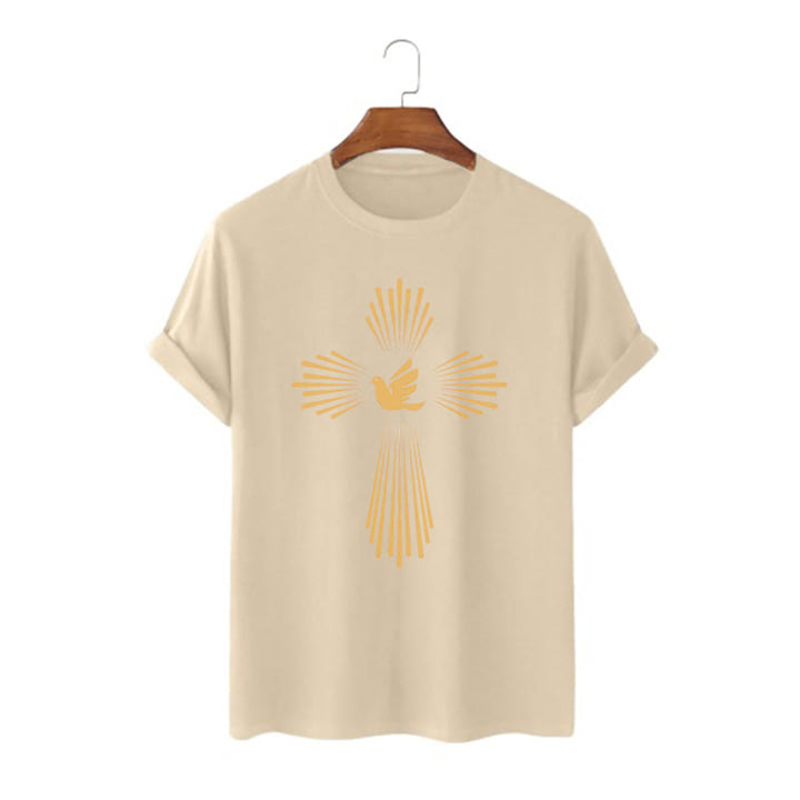 Christianartworkshop T-Shirt im minimalistischen Stil mit Heiligem Geist, Taube, goldenem Kreuz und kurzärmligem, gewaschenem Design