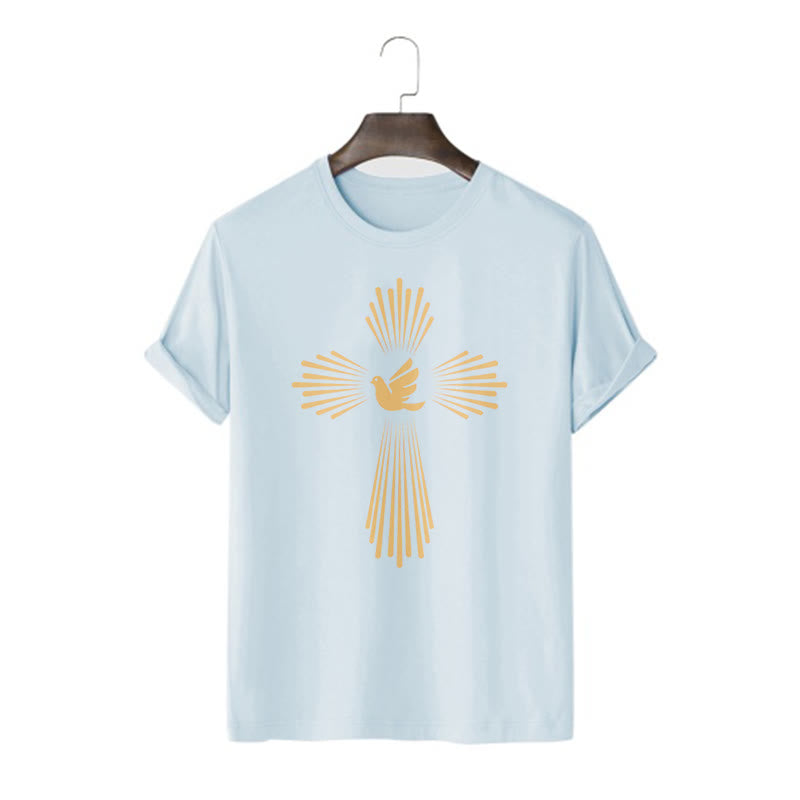 Christianartworkshop T-Shirt im minimalistischen Stil mit Heiligem Geist, Taube, goldenem Kreuz und kurzärmligem, gewaschenem Design