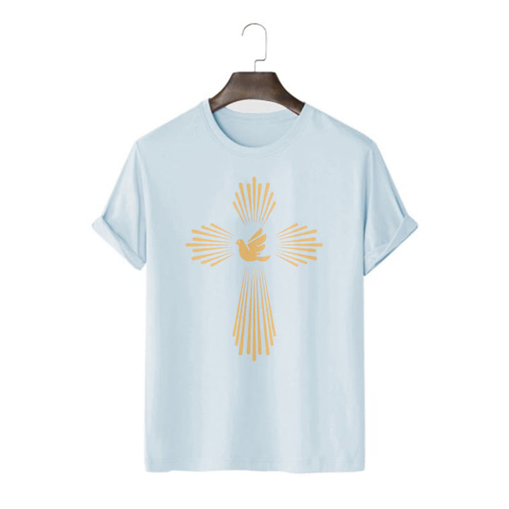 Christianartworkshop T-Shirt im minimalistischen Stil mit Heiligem Geist, Taube, goldenem Kreuz und kurzärmligem, gewaschenem Design