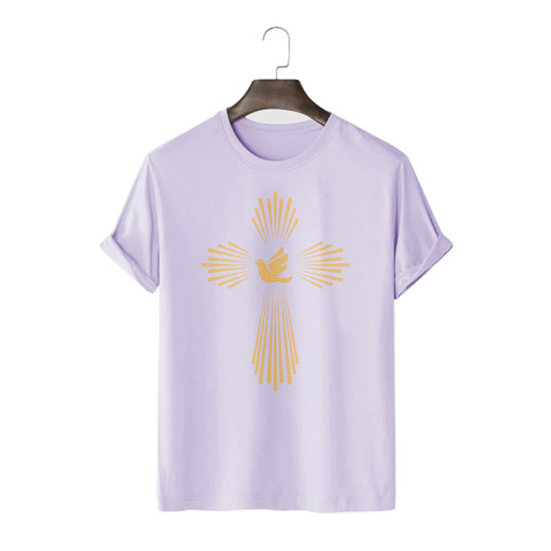 Christianartworkshop T-Shirt im minimalistischen Stil mit Taube des Heiligen Geistes, goldenes Kreuz und kurzärmelig - Lila - 2XL - image 16