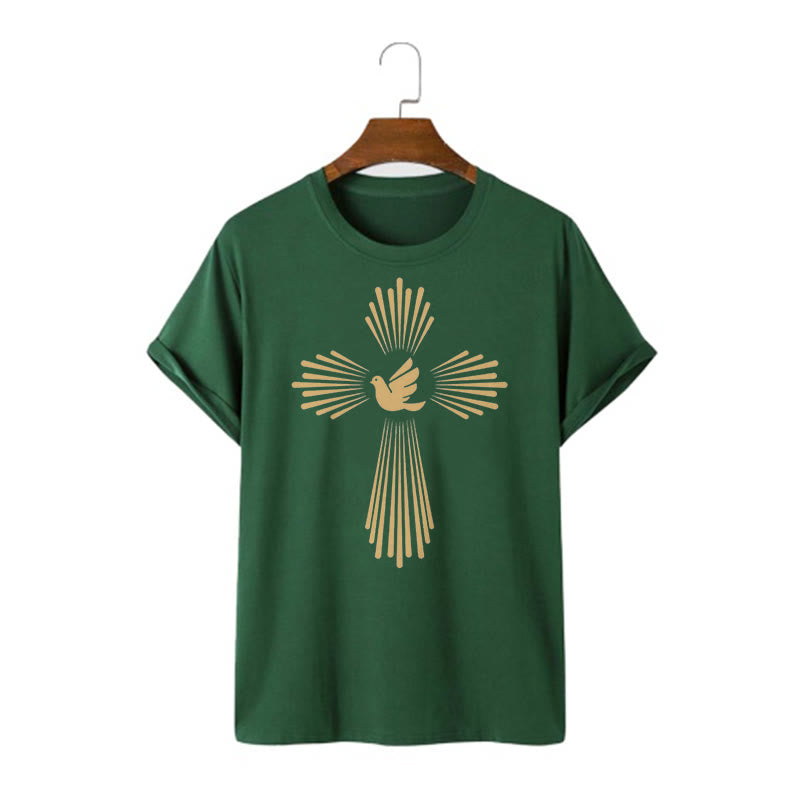 Christianartworkshop T-Shirt im minimalistischen Stil mit Heiligem Geist, Taube, goldenem Kreuz und kurzärmligem, gewaschenem Design