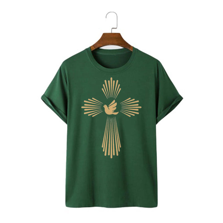 Christianartworkshop T-Shirt im minimalistischen Stil mit Heiligem Geist, Taube, goldenem Kreuz und kurzärmligem, gewaschenem Design