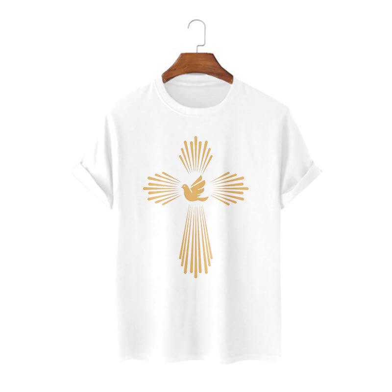 Christianartworkshop T-Shirt im minimalistischen Stil mit Heiligem Geist, Taube, goldenem Kreuz und kurzärmligem, gewaschenem Design