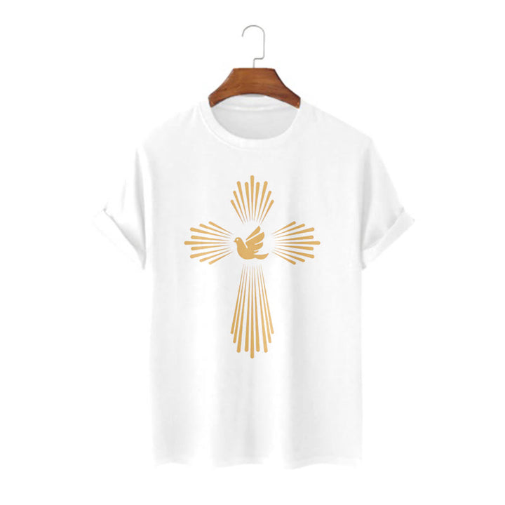 Christianartworkshop T-Shirt im minimalistischen Stil mit Heiligem Geist, Taube, goldenem Kreuz und kurzärmligem, gewaschenem Design