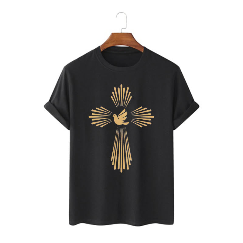 Christianartworkshop Minimalistischer Stil Heiliger Geist Taube Goldenes Kreuz und Kurzarm-T-Shirt - Schwarz - 2XL - image 0