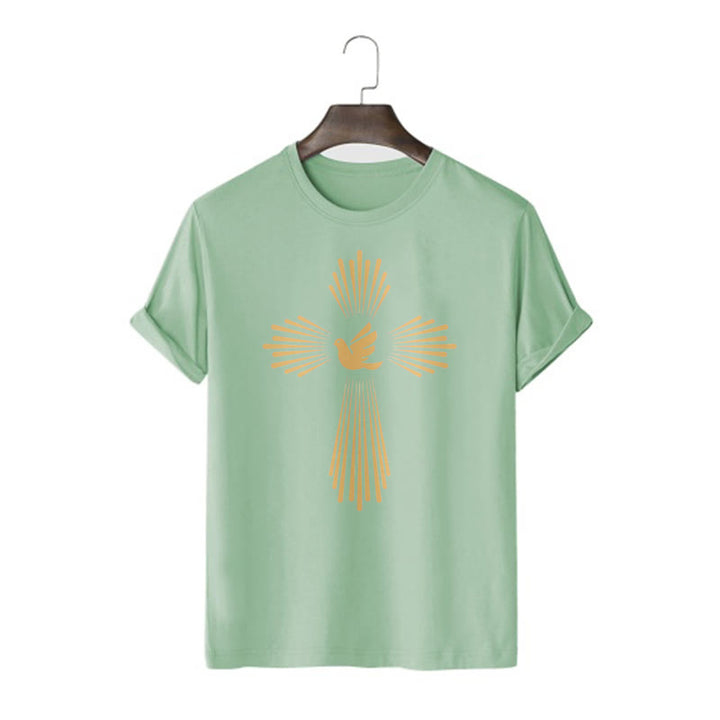 Christianartworkshop T-Shirt im minimalistischen Stil mit Heiligem Geist, Taube, goldenem Kreuz und kurzärmligem, gewaschenem Design