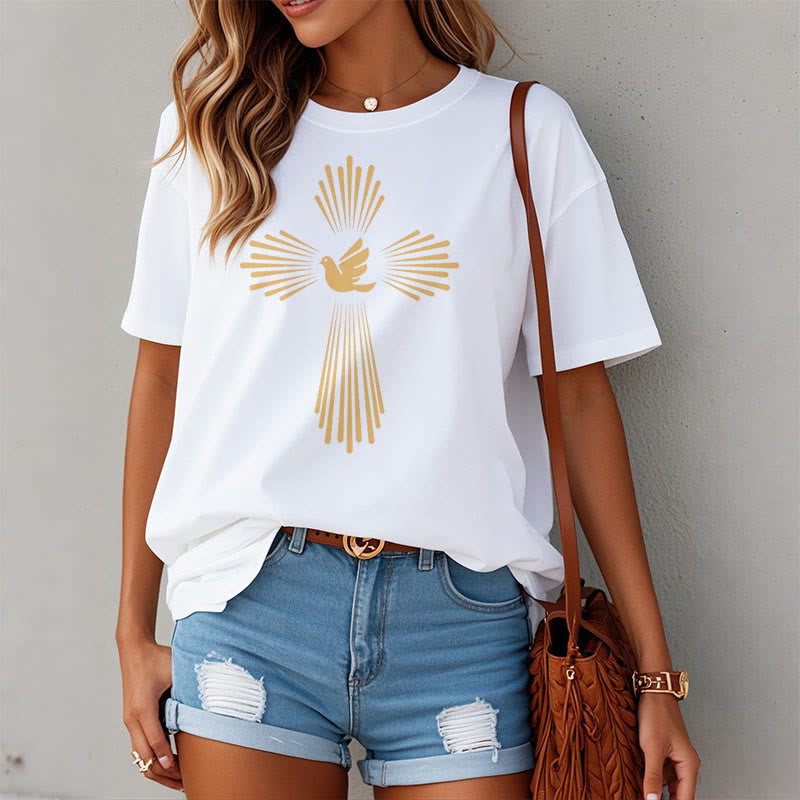 Christianartworkshop T-Shirt im minimalistischen Stil mit Heiligem Geist, Taube, goldenem Kreuz und kurzärmligem, gewaschenem Design