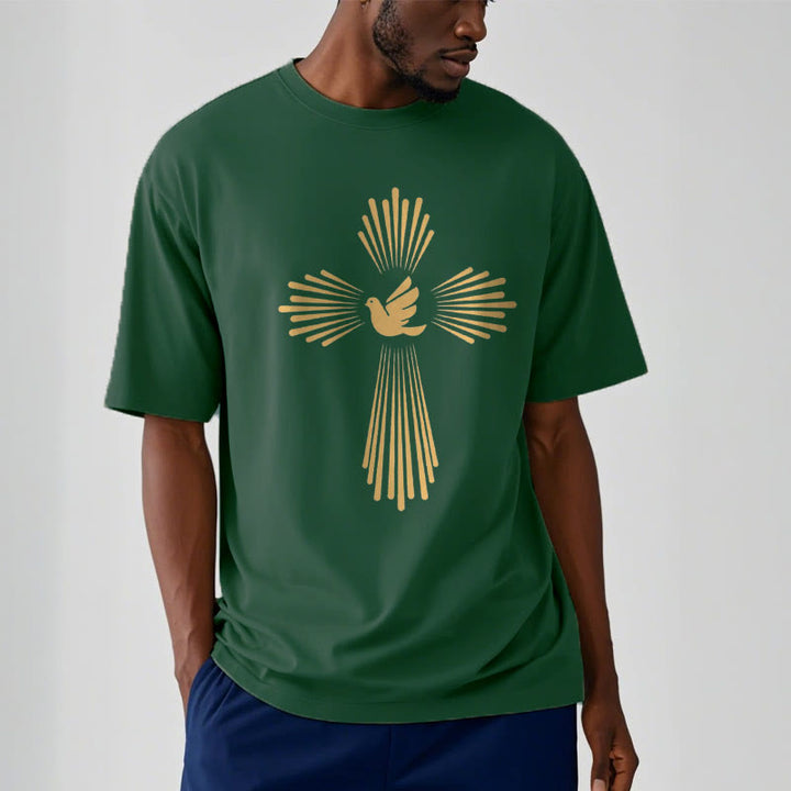 Christianartworkshop T-Shirt im minimalistischen Stil mit Heiligem Geist, Taube, goldenem Kreuz und kurzärmligem, gewaschenem Design