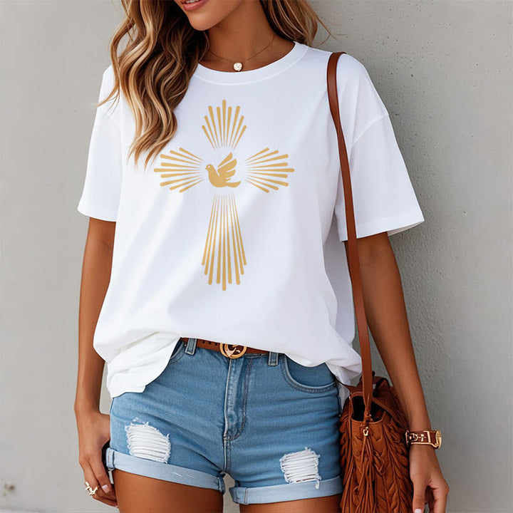 Christianartworkshop T-Shirt im minimalistischen Stil mit Taube des Heiligen Geistes, goldenes Kreuz und kurzärmelig - image 7