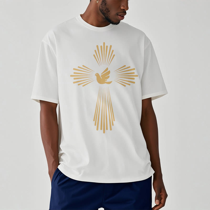 Christianartworkshop T-Shirt im minimalistischen Stil mit Heiligem Geist, Taube, goldenem Kreuz und kurzärmligem, gewaschenem Design