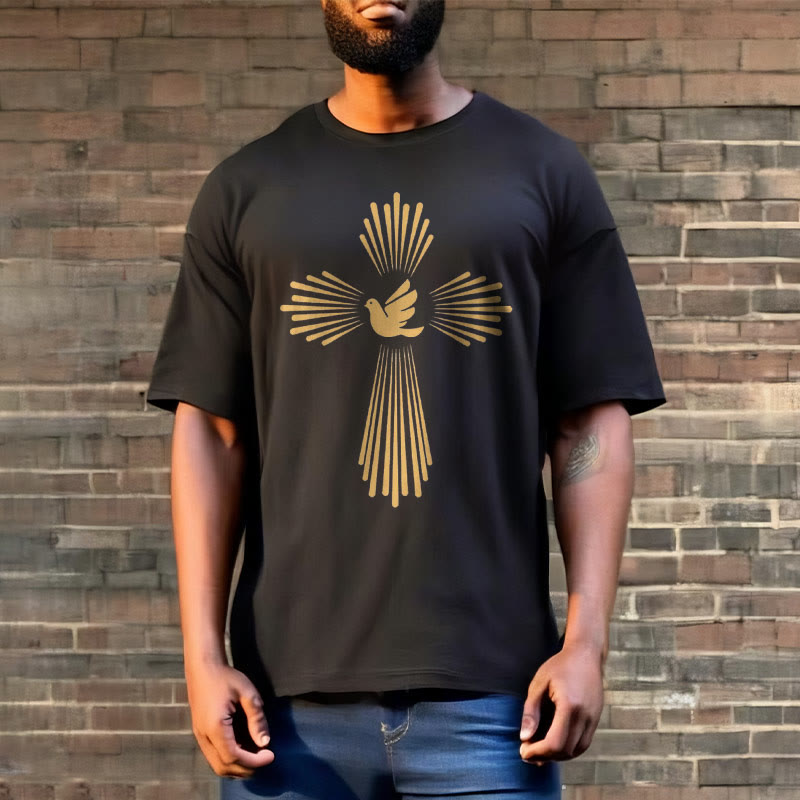Christianartworkshop T-Shirt im minimalistischen Stil mit Heiligem Geist, Taube, goldenem Kreuz und kurzärmligem, gewaschenem Design