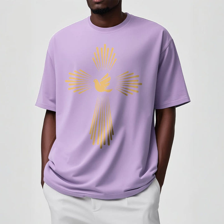 Christianartworkshop T-Shirt im minimalistischen Stil mit Heiligem Geist, Taube, goldenem Kreuz und kurzärmligem, gewaschenem Design