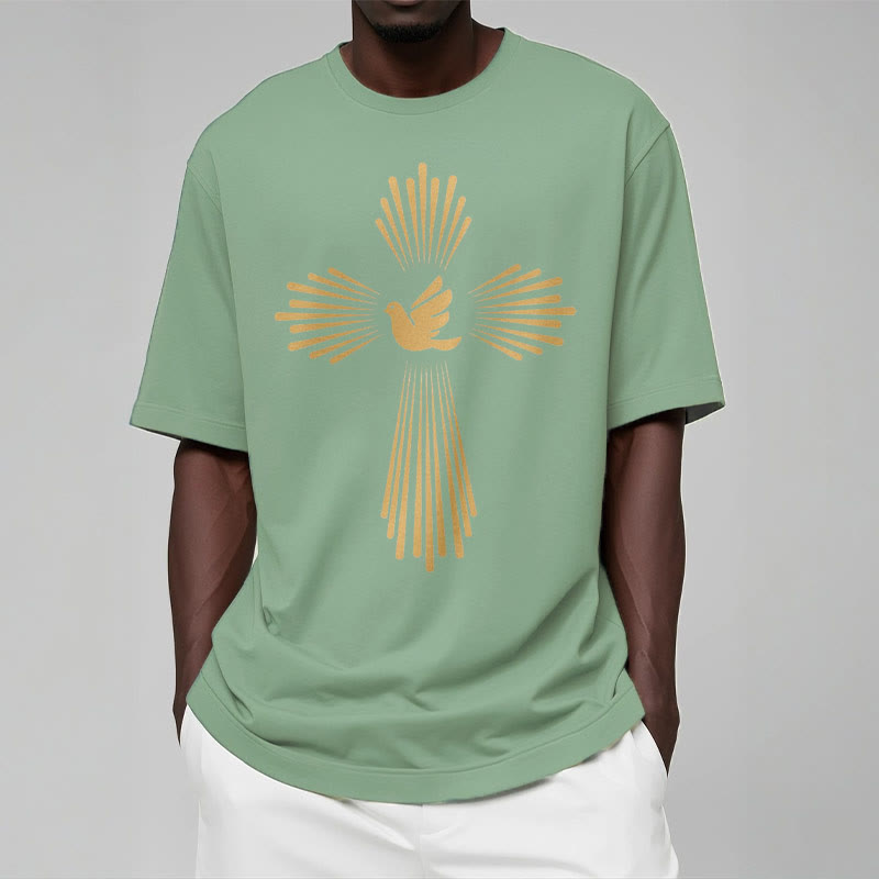 Christianartworkshop T-Shirt im minimalistischen Stil mit Heiligem Geist, Taube, goldenem Kreuz und kurzärmligem, gewaschenem Design
