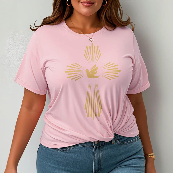 Christianartworkshop T-Shirt im minimalistischen Stil mit Heiligem Geist, Taube, goldenem Kreuz und kurzärmligem, gewaschenem Design