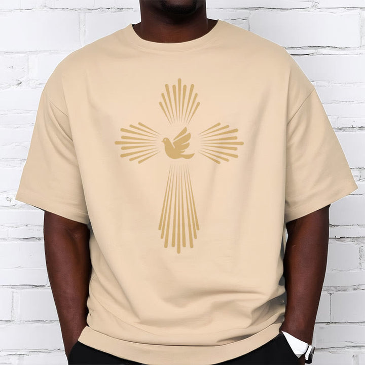 Christianartworkshop T-Shirt im minimalistischen Stil mit Heiligem Geist, Taube, goldenem Kreuz und kurzärmligem, gewaschenem Design