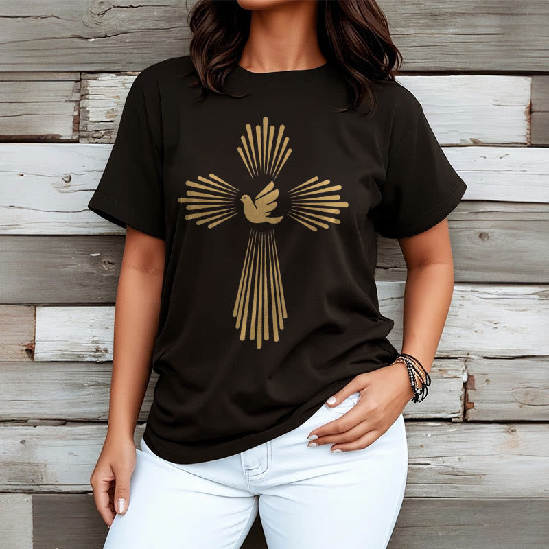 Christianartworkshop T-Shirt im minimalistischen Stil mit Heiligem Geist, Taube, goldenem Kreuz und kurzärmligem, gewaschenem Design