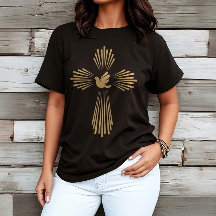 Christianartworkshop T-Shirt im minimalistischen Stil mit Heiligem Geist, Taube, goldenem Kreuz und kurzärmligem, gewaschenem Design