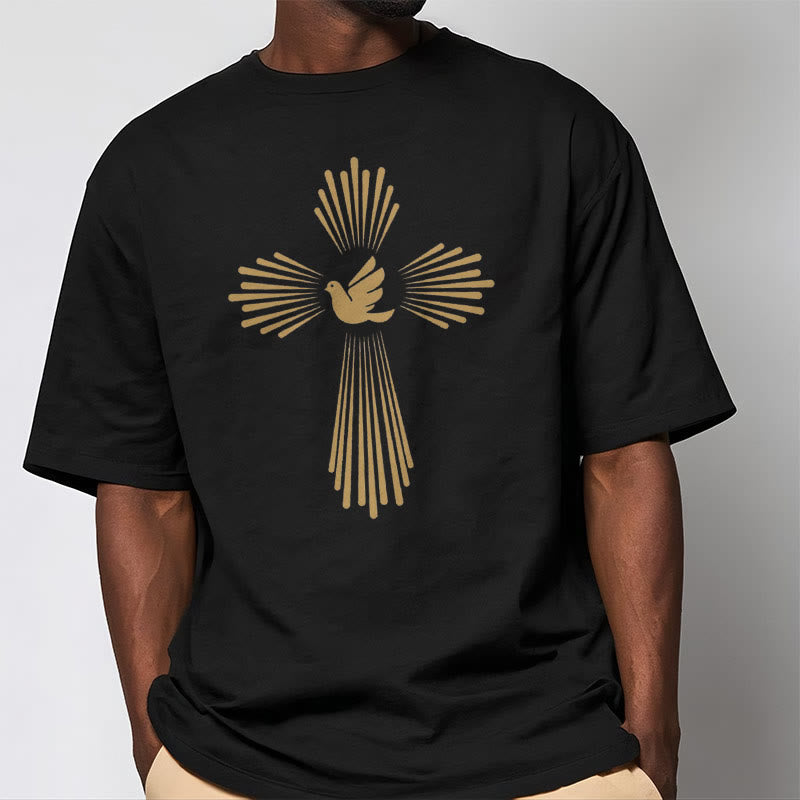 Christianartworkshop T-Shirt im minimalistischen Stil mit Heiligem Geist, Taube, goldenem Kreuz und kurzärmligem, gewaschenem Design