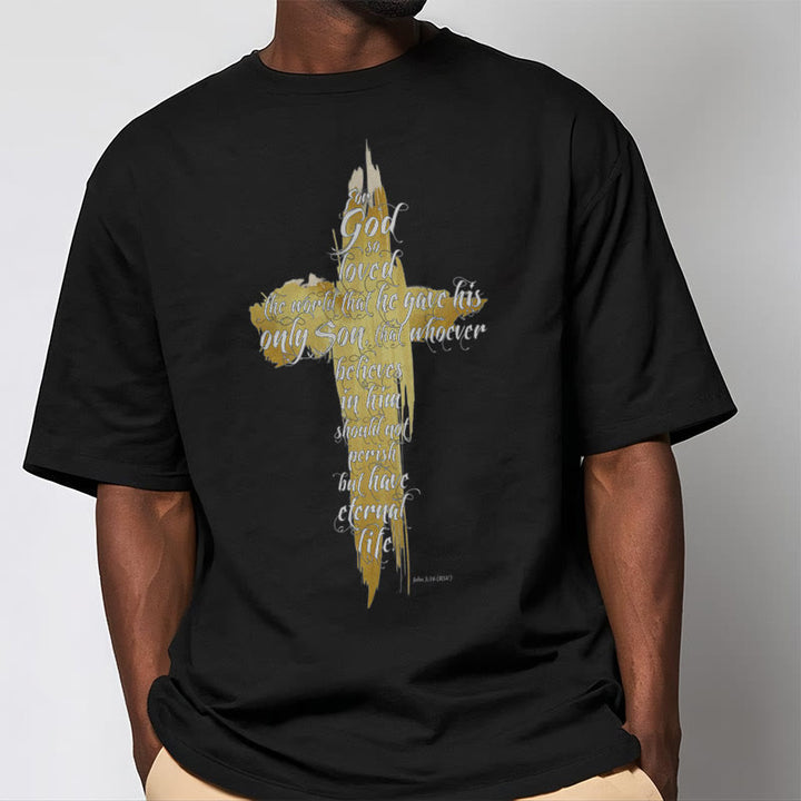 Christianartworkshop Zitat Stil Golden Cross Scripture - Johannes 3:16 Kurzärmeliges gewaschenes T-Shirt