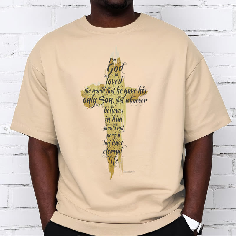 Christianartworkshop Zitat Stil Golden Cross Scripture - Johannes 3:16 Kurzärmeliges gewaschenes T-Shirt