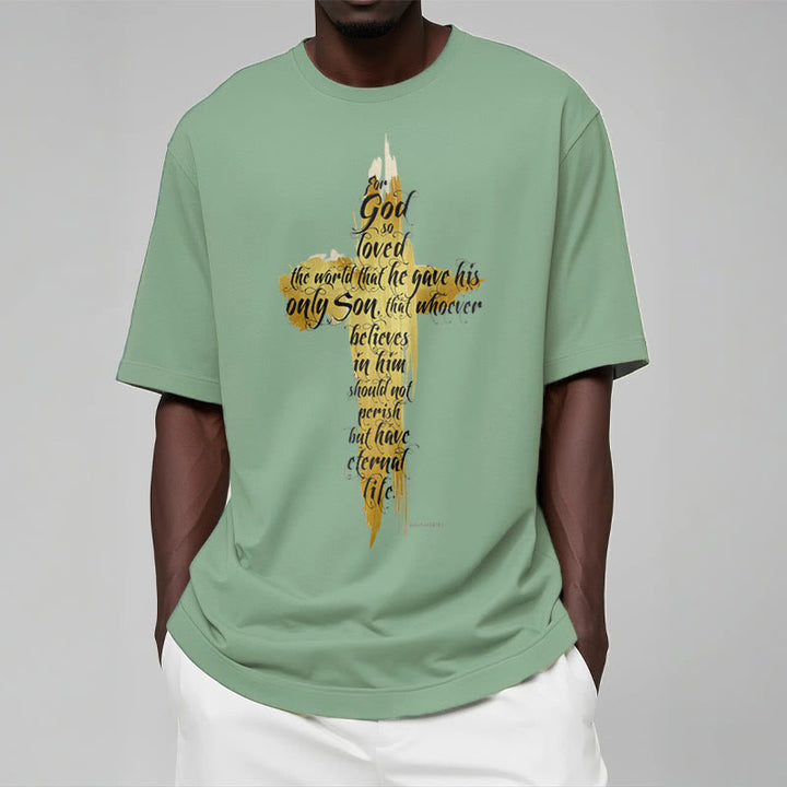 Christianartworkshop Zitat Stil Golden Cross Scripture - Johannes 3:16 Kurzärmeliges gewaschenes T-Shirt