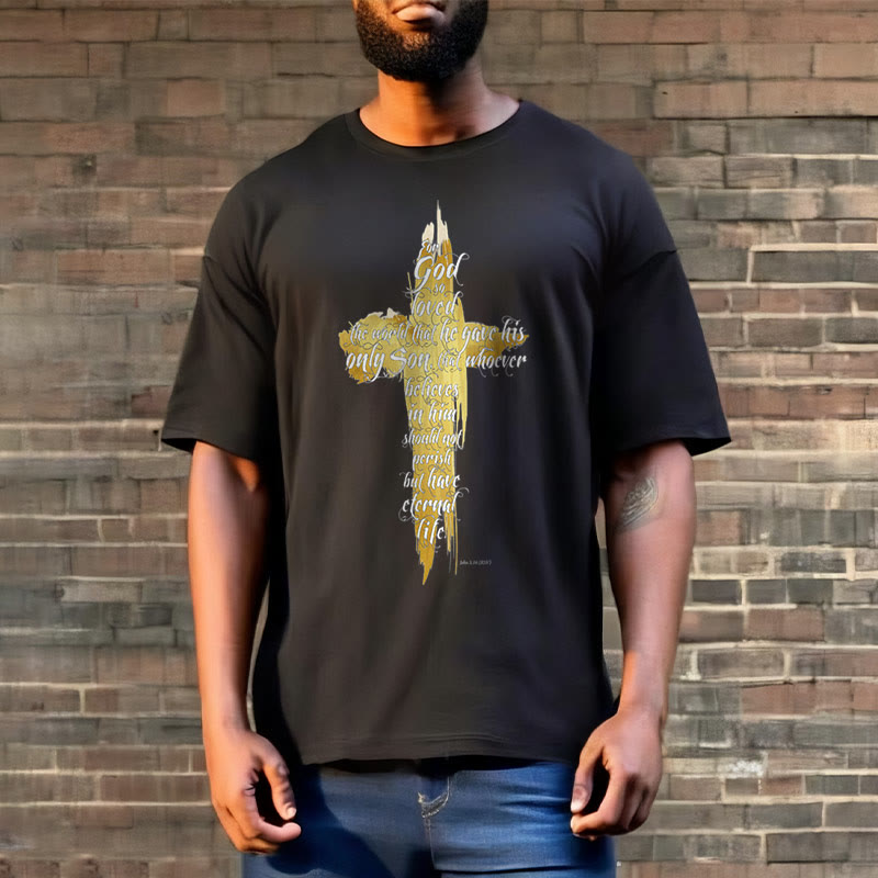 Christianartworkshop Zitat Stil Golden Cross Scripture - Johannes 3:16 Kurzärmeliges gewaschenes T-Shirt