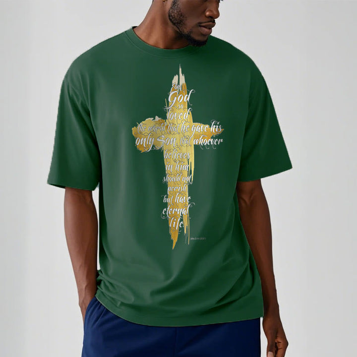 Christianartworkshop Zitat Stil Golden Cross Scripture - Johannes 3:16 Kurzärmeliges gewaschenes T-Shirt