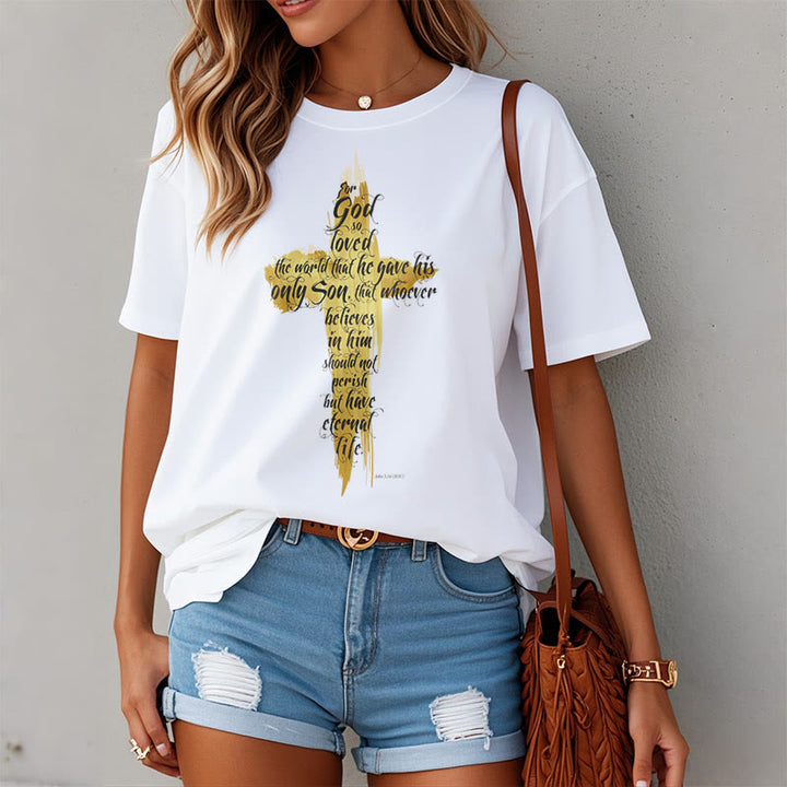 Christianartworkshop Zitat-Stil Goldenes Kreuz Bibelstelle - Johannes 3:16 Kurzarm-T-Shirt - image 2