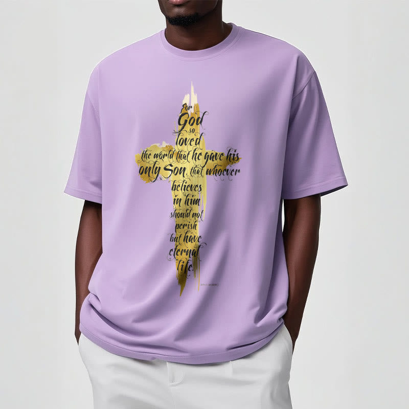 Christianartworkshop Zitat Stil Golden Cross Scripture - Johannes 3:16 Kurzärmeliges gewaschenes T-Shirt