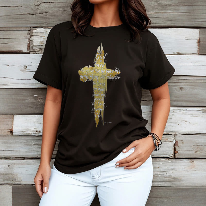 Christianartworkshop Zitat Stil Golden Cross Scripture - Johannes 3:16 Kurzärmeliges gewaschenes T-Shirt