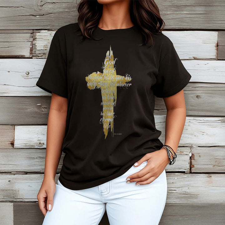 Christianartworkshop Zitat Stil Golden Cross Scripture - Johannes 3:16 Kurzärmeliges gewaschenes T-Shirt