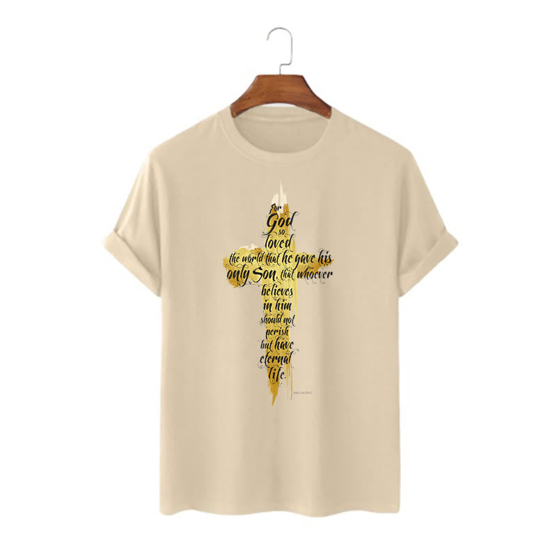 Christianartworkshop Zitat Stil Golden Cross Scripture - Johannes 3:16 Kurzärmeliges gewaschenes T-Shirt
