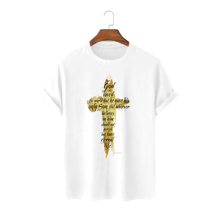 Christianartworkshop Zitat-Stil Goldenes Kreuz Bibelstelle - Johannes 3:16 Kurzarm-T-Shirt - Weiß - 2XL - image 0