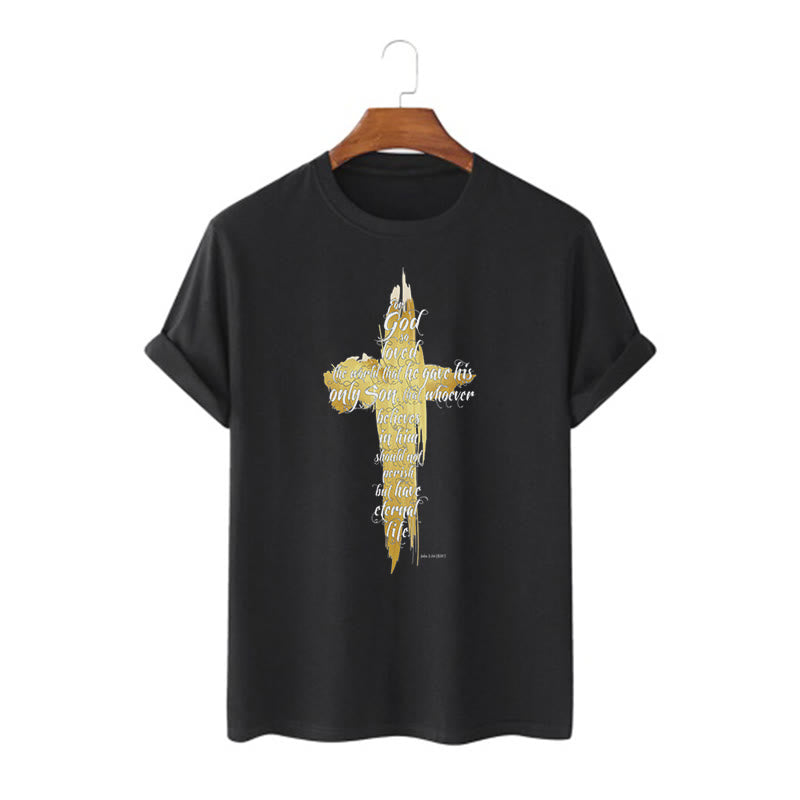 Christianartworkshop Zitat Stil Golden Cross Scripture - Johannes 3:16 Kurzärmeliges gewaschenes T-Shirt