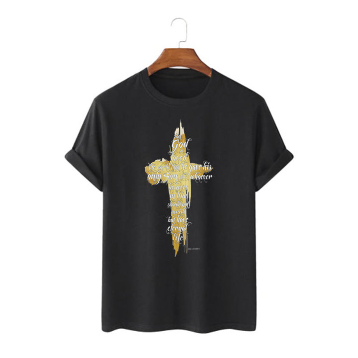 Christianartworkshop Zitat Stil Golden Cross Scripture - Johannes 3:16 Kurzärmeliges gewaschenes T-Shirt