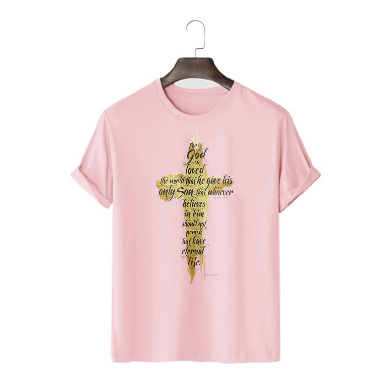 Christianartworkshop Zitat-Stil Goldenes Kreuz Bibelstelle - Johannes 3:16 Kurzarm-T-Shirt - Rosa - 2XL - image 13