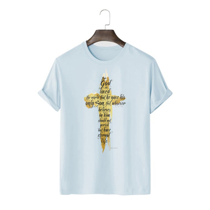 Christianartworkshop Zitat-Stil Goldenes Kreuz Bibelstelle - Johannes 3:16 Kurzarm-T-Shirt - Blau - 2XL - image 17