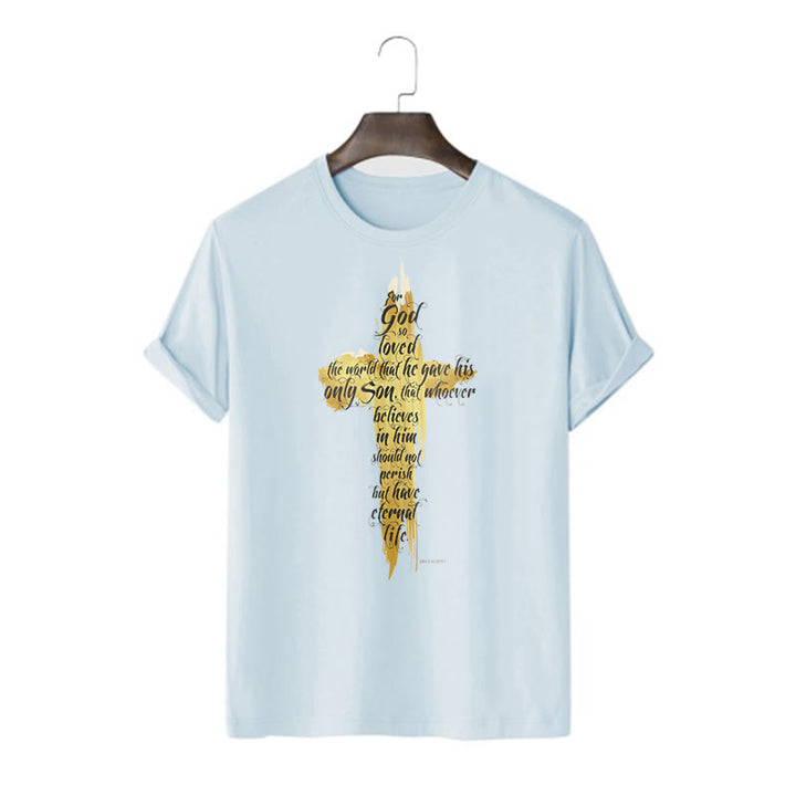 Christianartworkshop Zitat-Stil Goldenes Kreuz Bibelstelle - Johannes 3:16 Kurzarm-T-Shirt - Blau - 2XL - image 17