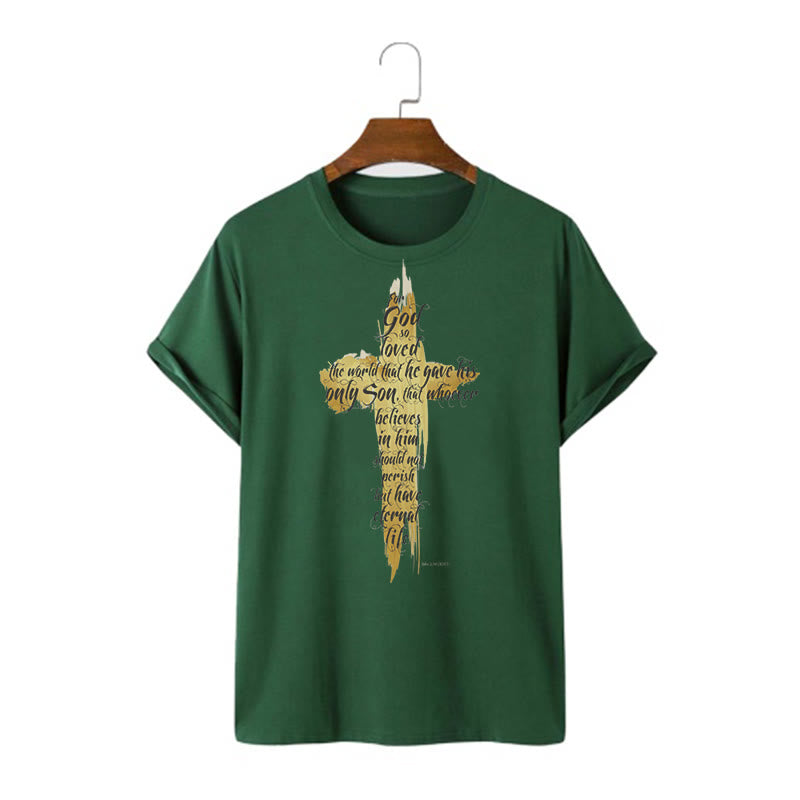 Christianartworkshop Zitat Stil Golden Cross Scripture - Johannes 3:16 Kurzärmeliges gewaschenes T-Shirt