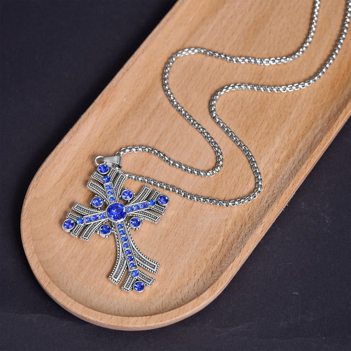 Christianartworkshop Halskette mit Kreuzanhänger im Retro-Böhmen-Stil mit blauen Edelsteinen