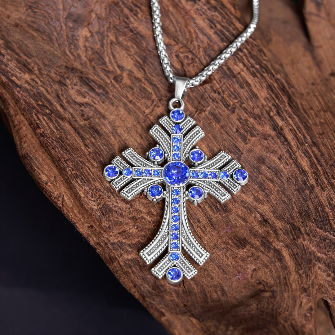 Christianartworkshop Halskette mit Kreuzanhänger im Retro-Böhmen-Stil mit blauen Edelsteinen
