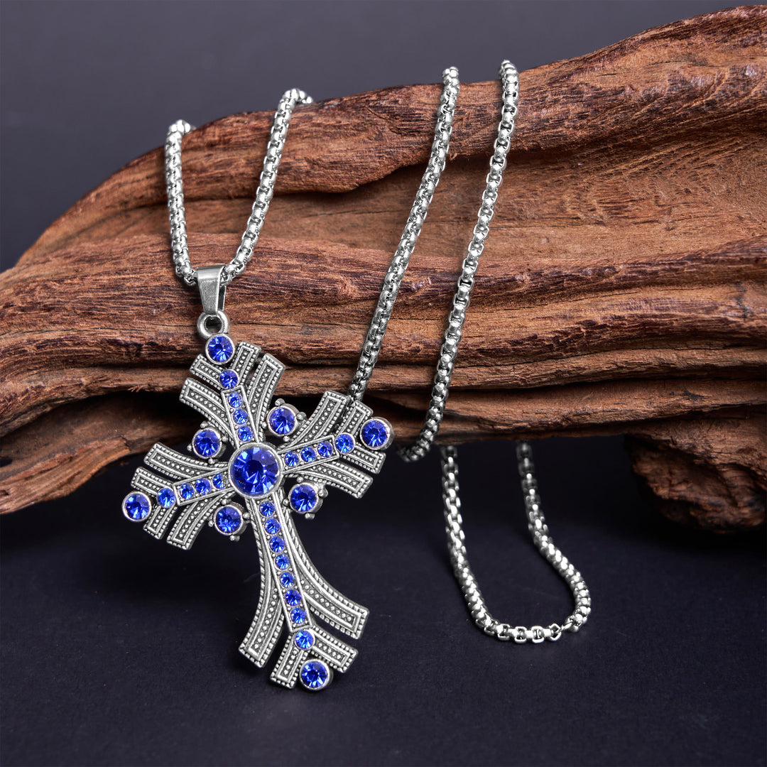Christianartworkshop Halskette mit Kreuzanhänger im Retro-Böhmen-Stil mit blauen Edelsteinen