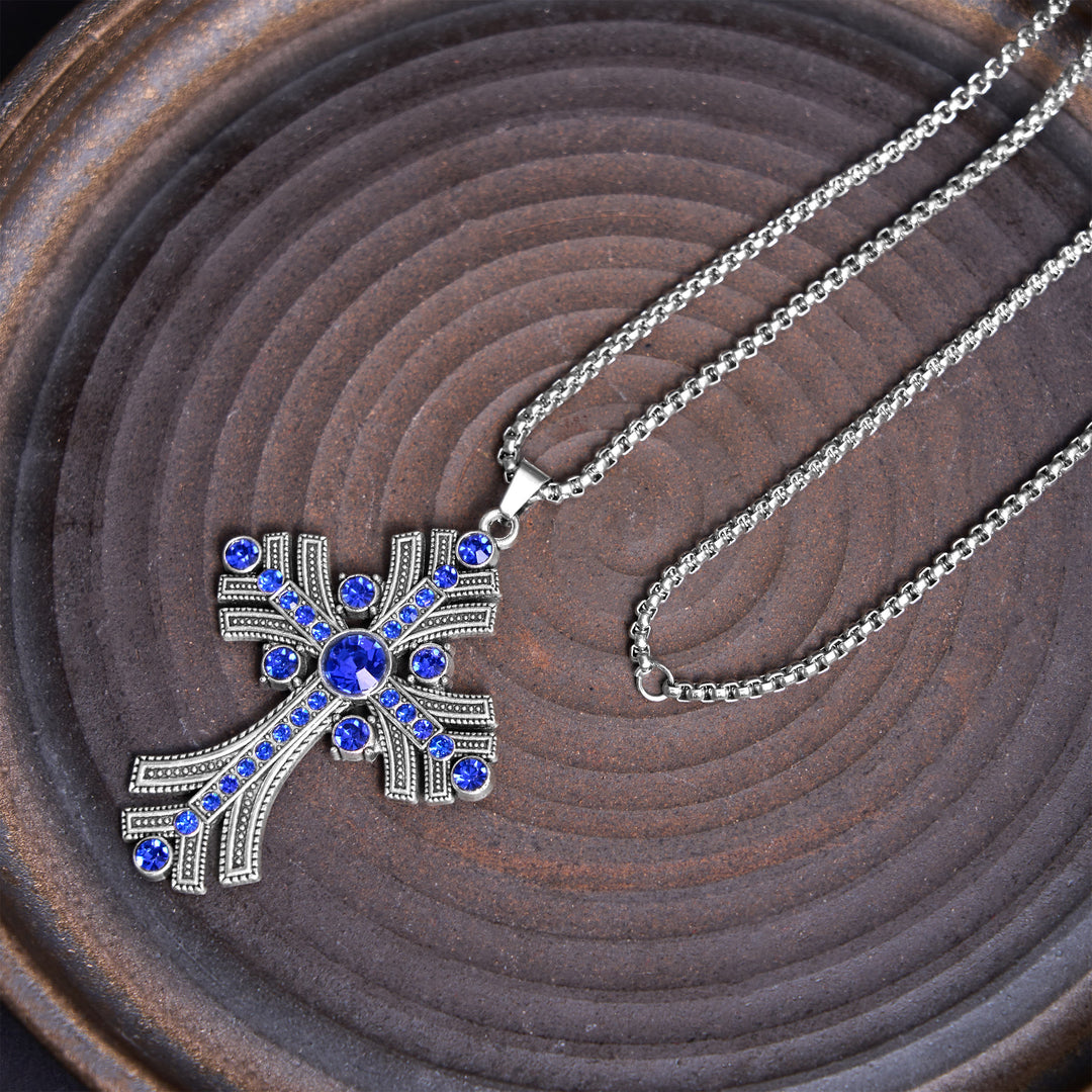 Christianartworkshop Halskette mit Kreuzanhänger im Retro-Böhmen-Stil mit blauen Edelsteinen