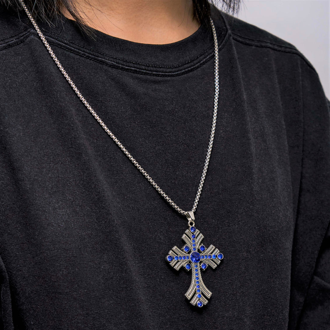 Christianartworkshop Halskette mit Kreuzanhänger im Retro-Böhmen-Stil mit blauen Edelsteinen