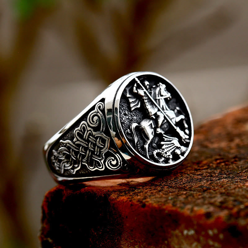 Christianartworkshop Klassischer Ring aus Legierung mit der Figur des Heiligen Georg im Retro-Stil