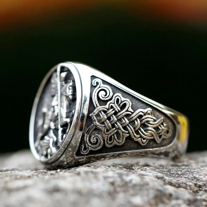 Christianartworkshop Klassischer Ring aus Legierung mit der Figur des Heiligen Georg im Retro-Stil