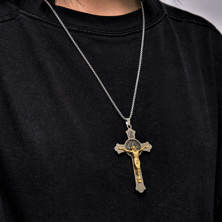 Christianartworkshop Halskette mit Anhänger im klassischen Stil, St. Benedikt-Ikone, Jesus-Kruzifix, Legierung