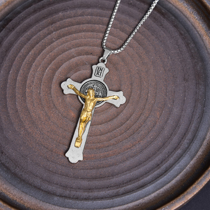 Christianartworkshop Halskette mit Anhänger im klassischen Stil, St. Benedikt-Ikone, Jesus-Kruzifix, Legierung