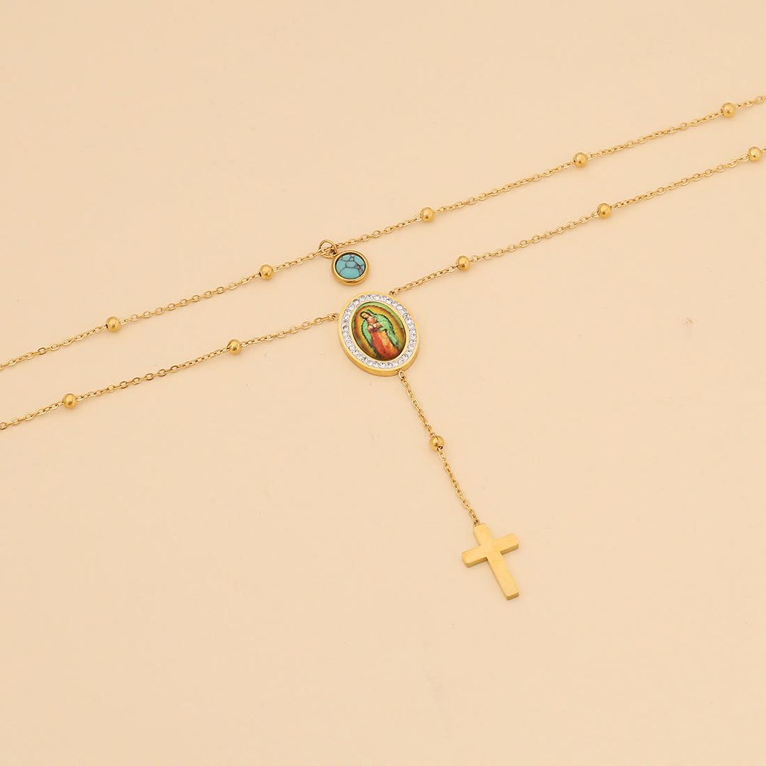 Christianartworkshop Halskette mit türkisfarbenem Kreuz „Unsere Liebe Frau von Guadalupe“ im minimalistischen Stil, doppellagig - image 2