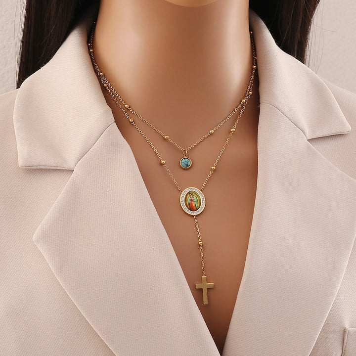 Christianartworkshop Halskette mit türkisfarbenem Kreuz „Unsere Liebe Frau von Guadalupe“ im minimalistischen Stil, doppellagig - Geschichtete Kette - image 0